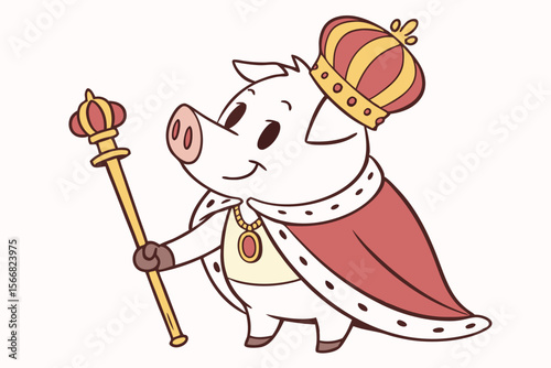Vector cute Pig cartoon character, dressed as a kingqueen, wearing a crown and robe, regal and proud expression, royal scepter, isolated on white background