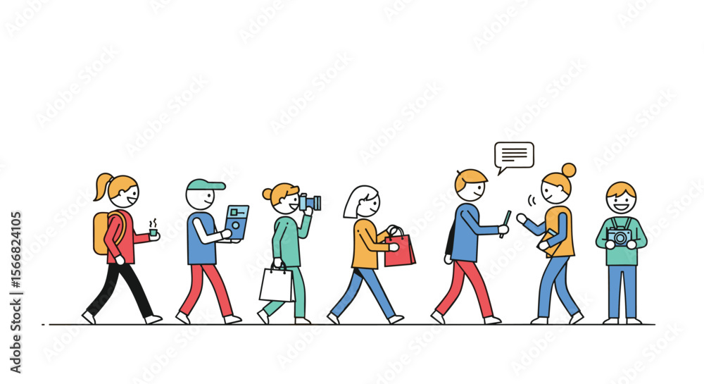 Fototapeta premium Diverse group of people walking engaged with their mobile phones and devices creating a busy street scene