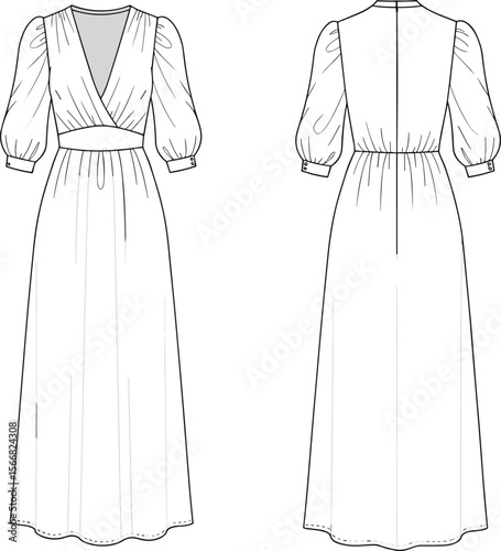 Wrap dress technical sketch, long hemline, three-quarter sleeve, cuffed design, fashion template, V-neck garment, front and back view illustration, apparel
