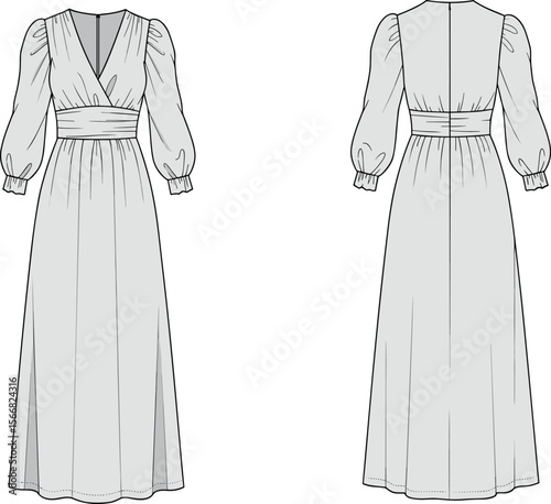 Long pleated dress sketch, V-neck design, fitted waistband, cuffed sleeves, fashion illustration, front and back view, elegant garment template, apparel mockup