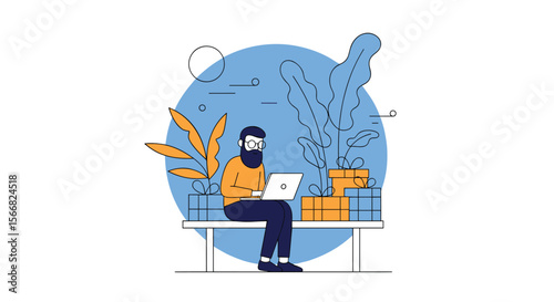 A focused man with a beard works on his laptop while sitting on a bench amidst greenery and abstract shapes