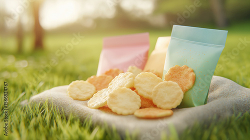 Assorted crispy snacks on linen cloth with colorful packaging in sunlit outdoor setting