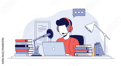Podcaster in headphones speaking into a microphone in front of a laptop surrounded by books and a desk lamp creating content for an online audience