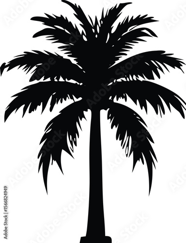 A stark black silhouette of a tropical palm tree with a thick trunk and a full crown of fronds against a white background
