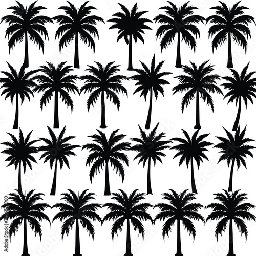A repeating pattern of black silhouette palm trees with full fronds and slender trunks against a clean white background