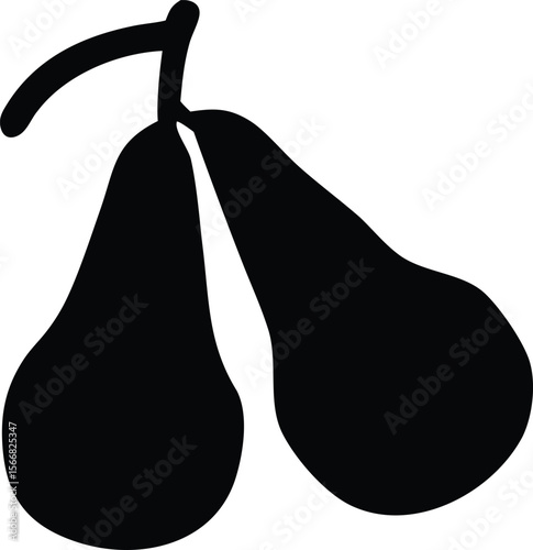 Two stylized black pears with a single curved stem against a clean white background representing simple fruit illustration