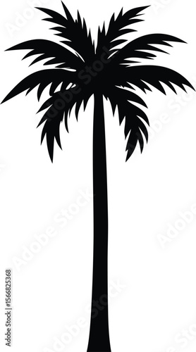 A stark black silhouette of a tropical palm tree with a tall slender trunk and a full crown of feathery fronds against a clean white background