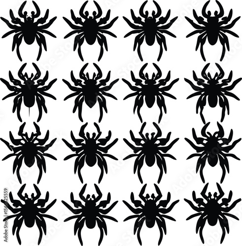 A repeating pattern of black spider silhouettes on a white background creating a spooky and festive halloween decoration or design element