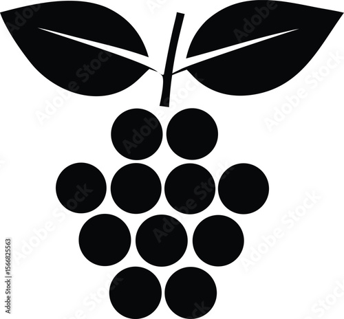 Stylized black silhouette of a cluster of grapes with two prominent leaves and a central stem against a white background