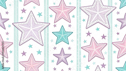 Pastel Starry Pattern: Decorative Background with Geometric Star Shapes and Subtle Stripes for Creative Projects and Designs.