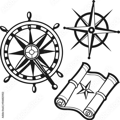Vector illustration of a nautical ship's compass with a steering wheel and rudder, an antique symbol of sea travel and captain's navigation