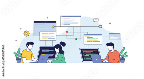 Collaborative software development environment with programmers working together on code projects in a modern tech office setting