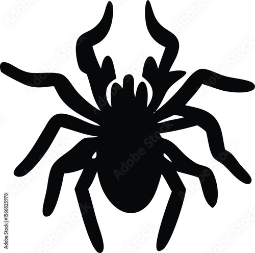 A stylized black silhouette of a spider with eight thick curved legs and prominent front appendages isolated on a white background
