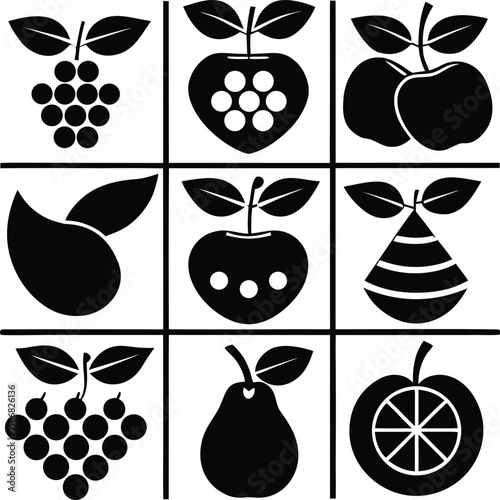 A grid of nine black and white stylized fruit icons including grapes apples pears a mango and a citrus slice