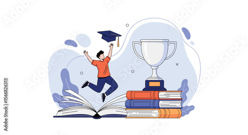 Illustrating the joyous celebration of academic achievement with a student leaping in triumph holding a graduation cap above a stack of books and a trophy symbolizing success and recognition