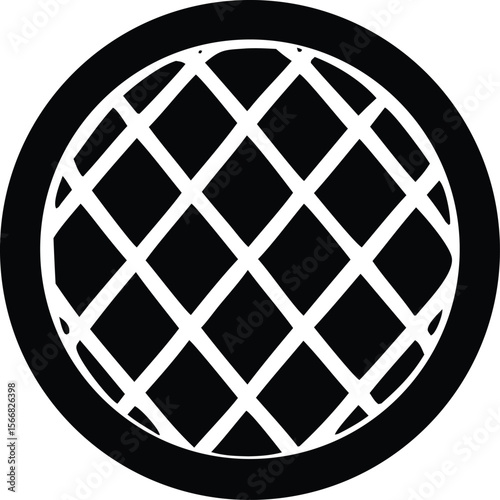 A striking black and white graphic icon featuring a circular grid pattern resembling a stylized globe or a pie crust