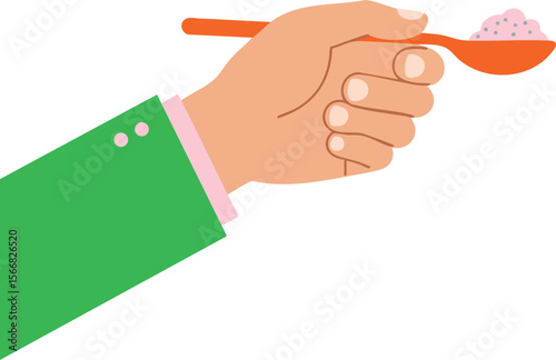 Hand Holding Orange Spoon with Pink Powder in Green Sleeve Vector Illustration for Health and Cooking Concepts