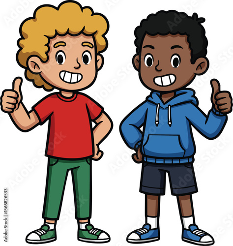 Two happy boys giving thumbs up gesture in casual colorful clothes smiling cheerful vector illustration