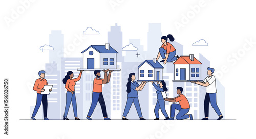 Diverse team collaborating on urban development projects building homes together with architectural models and cityscape background illustrating community construction efforts