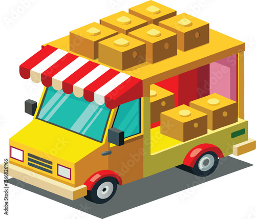 A vibrant isometric illustration of a yellow food truck loaded with brown boxes featuring a red and white striped awning and a bright interior