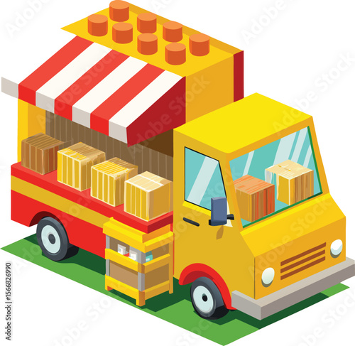 A charming isometric illustration of a yellow delivery truck filled with parcels featuring a red and white striped awning and a display of goods