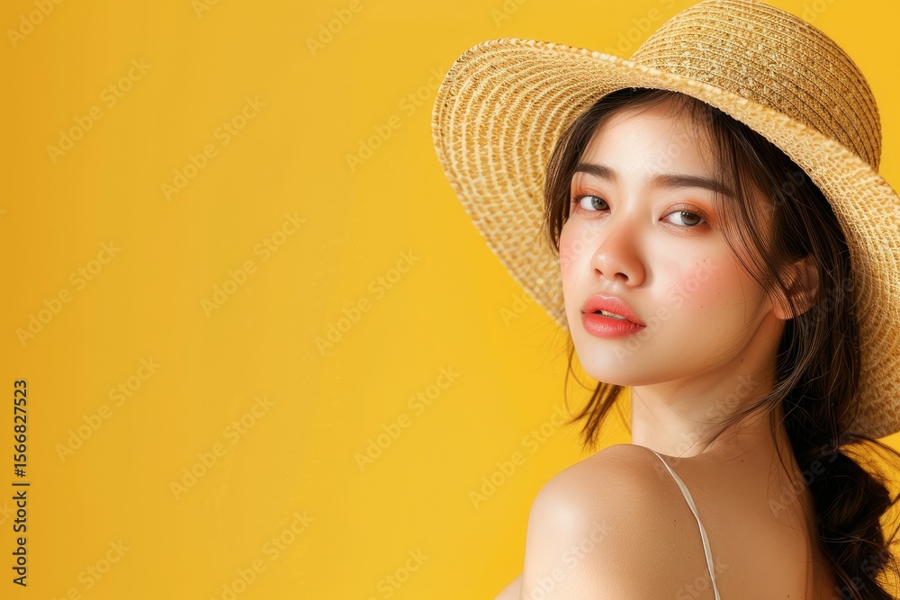 High Quality Visual of Asian Woman Wearing Hat on Yellow Background High Quality Visual of Asian Woman Wearing Hat on Yellow Background
