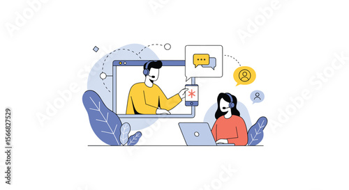 Illustrating online customer support representatives providing technical assistance and engaging in product demonstrations via digital communication platforms