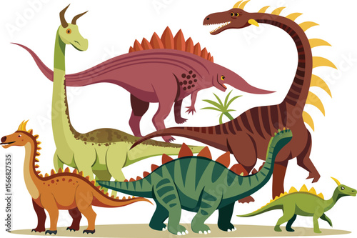 Cartoon Dinosaurs Group Illustration of Various Types on White Background