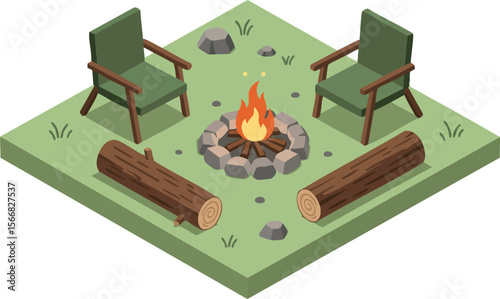 Campfire with two green chairs and wooden logs on grass outdoor relaxing scene vector illustration