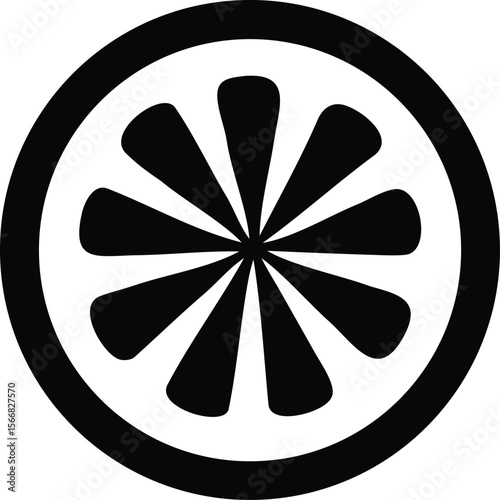 Stylized black and white graphic representation of a citrus fruit slice with radiating segments and a thick outer border