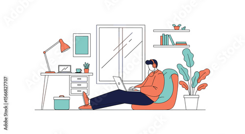A relaxed person sits comfortably on a beanbag chair working on a laptop in a modern home office environment with natural light and plants