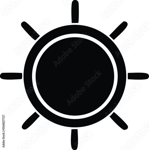 Simple black and white icon representing a sun with eight rays extending outwards from a central circle