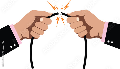 Hands breaking electric cable with sparks and lightning bolt vector illustration showing power cut or connection failure