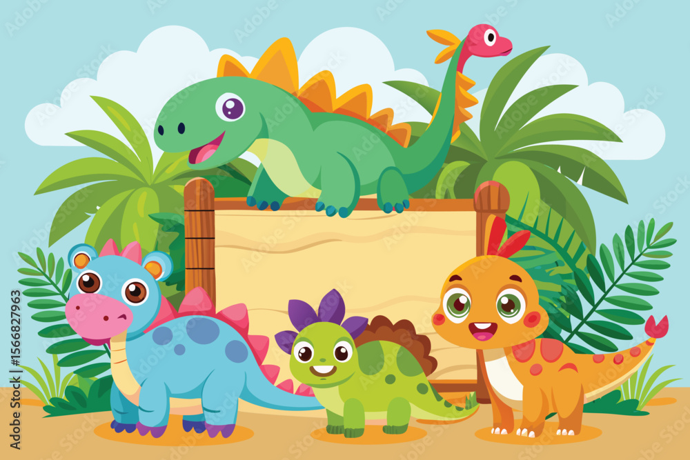 Obraz premium Cute Cartoon Dinosaurs with a Blank Sign in a Tropical Setting