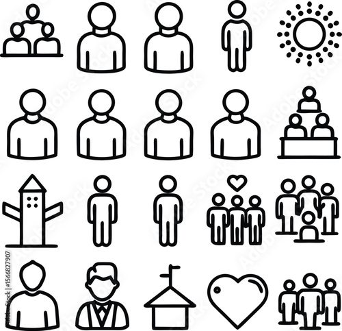 Collection of stylized human figures and icons representing teamwork community leadership and positive relationships in a simple outline style