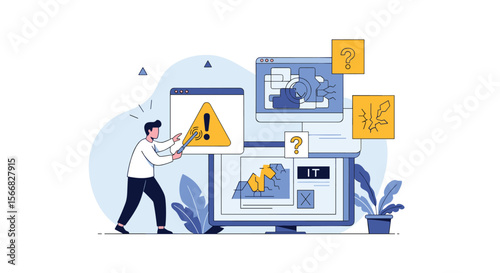 Troubleshooting computer problems and system errors with a specialist analyzing digital information and fixing glitches
