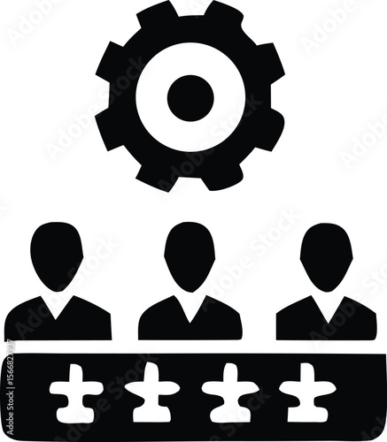 Teamwork and collaboration with a centralized management system and gear icon representing operations