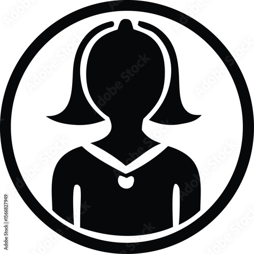 Stylized black silhouette of a woman s head and shoulders within a circular frame representing a profile icon