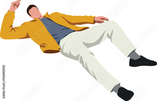 Man lying down relaxed in mustard jacket and white pants casual fashion vector illustration