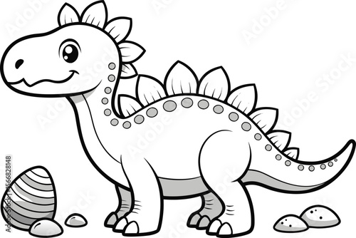 Cute Cartoon Stegosaurus Dinosaur with Egg Black and White Outline
