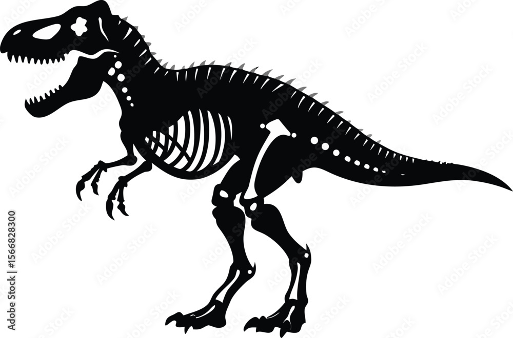 Fototapeta premium Tyrannosaurus Rex Skeleton Silhouette Extinct Dinosaur Fossil Black and White Illustration
