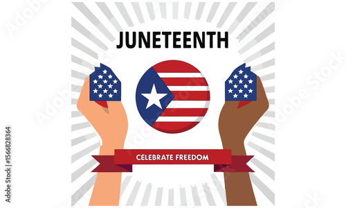 Juneteenth Independence Day Concept With Hands Waving Pan-African Flag And Raised Fists.












