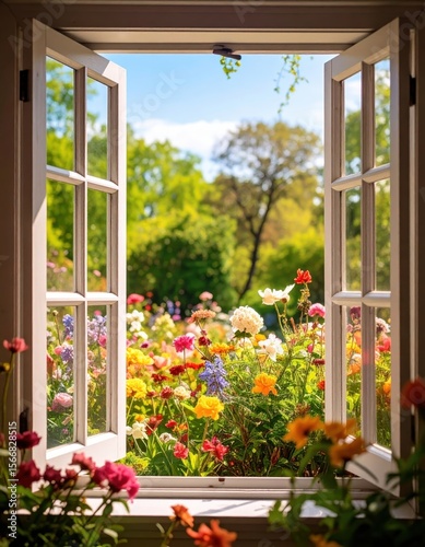 Open window revealing vibrant, colorful flower garden on sunny day