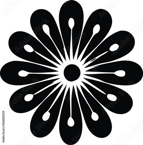 A stylized black and white floral design featuring a central circle surrounded by elongated petals with teardrop shapes inside each petal