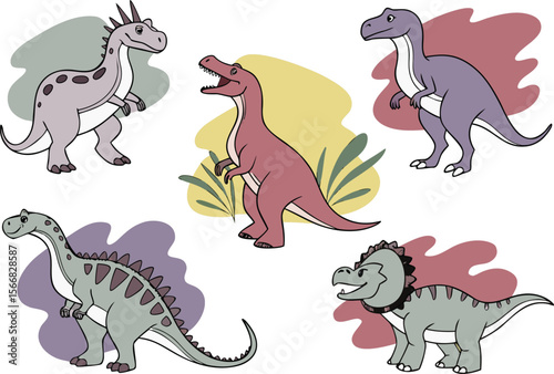 Collection of Cartoon Dinosaurs in Various Colors and Shapes on White Background