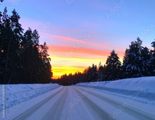Road through snow-covered landscape with vibrant sky at dusk