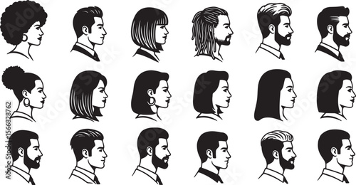 Diverse profile portraits showcasing various men and women hairstyles and haircuts, ideal for illustrating human diversity, fashion, beauty, and character design projects.