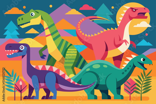 Colorful Geometric Dinosaur Illustration with Mountains Trees and Sun