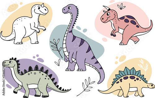 Cute Cartoon Dinosaurs Illustration with Pastel Backgrounds and Botanical Elements