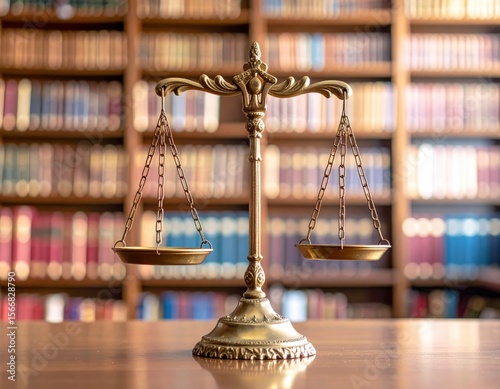 Ornate brass scales of justice sit before a blurred library backdrop